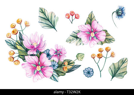 Aquarell Illustrationen mit sträuße von Wildblumen für eine Hochzeit. Floral Karte mit rosa Blüten, Blätter und Knospen der Malve. Herbst, Sommer und spri Stockfoto