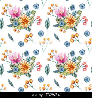 Nahtlose Muster mit sträuße von Wildblumen für eine Hochzeit. Floral Karte mit rosa Blüten der Malve, gelbe Daisy, Gelb rainfarn und blaue Daisy. Herbst Stockfoto