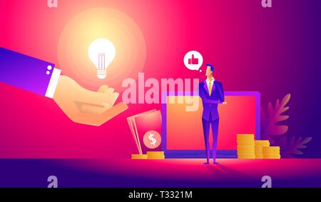 Vector Illustration, online Assistenten bei der Arbeit. Manager bei remote arbeiten, auf der Suche nach neuen Ideen Lösungen, gemeinsam im Unternehmen Stock Vektor