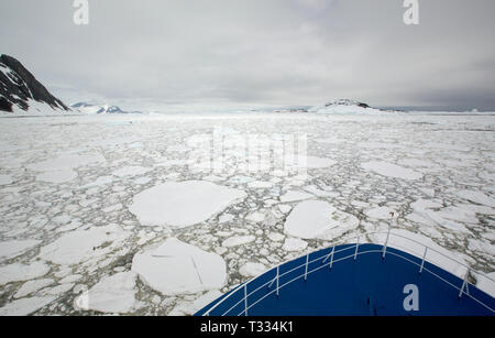 Ein Eis gestärkt Antarktis Kreuzfahrt Schiff treibt durch Eis in der Nähe von Gerrard Bay, Antarktische Halbinsel. Stockfoto