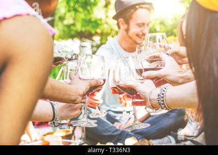 Junge glücklich Freunde Jubel und Spaß zusammen in einem Picknick im Hinterhof - Gruppe von Menschen Toasten mit Rotwein Gläser Stockfoto