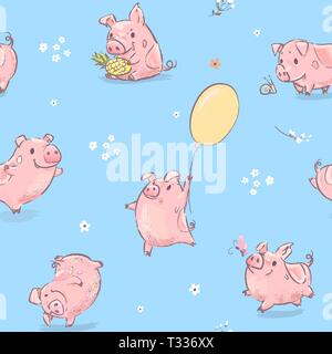 Pink Pig Tanz mit Ballon nahtlose Muster Stock Vektor