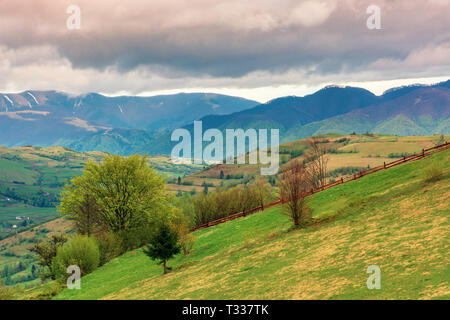 Ländliche Landschaft in den Bergen. Dorf, die in der fernen Berge. landwirtschaftliche Felder auf Hügeln. Bäume auf grasigen Hang. wunderbaren Frühling Landschaft o Stockfoto