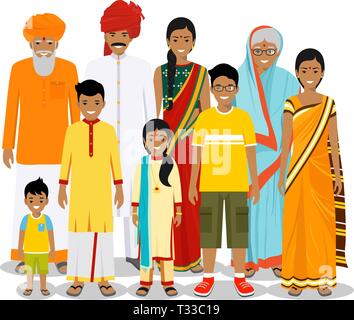Familie und soziale Konzept. Indische person Generationen in verschiedenen Altersstufen. Satz von Menschen in traditionellen Nationale Kleidung Großmutter, Großvater, Vater Stock Vektor