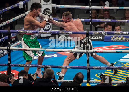 Lewis Ritson vs Deutsche Argentino Benitez. Ritson gewinnt WBA Intercontinental Super-Lightweight Titel über die Punkte 98-92, 98-92, 99-91 am Copper Box Arena. Stockfoto