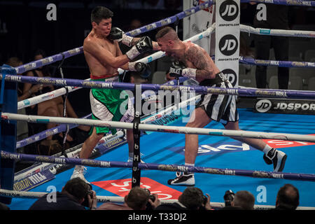 Lewis Ritson vs Deutsche Argentino Benitez. Ritson gewinnt WBA Intercontinental Super-Lightweight Titel über die Punkte 98-92, 98-92, 99-91 am Copper Box Arena. Stockfoto