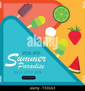 Sommer Paradies abstrakt Hintergrund mit Obst und Eis. Vector Illustration Stock Vektor