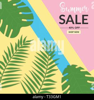 Summer Sale Hintergrund mit Blatt Memphis Stil. Für Social Media und Mobile Apps verwendet. 80, 90 Stil, Poster. Banner, Flyer, Broschüre, leicht bearbeitbare fo Stock Vektor