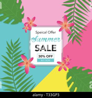 Abstrakte Summer Sale Hintergrund mit Palmenblättern und schöne Blume. Summer Sale banner Vorlage für soziale Medien, Internet, Banner, Flyer, Broschüre. Stock Vektor