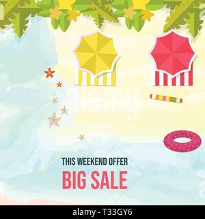 Schöner Strand mit Palm Leaf, Wellen, star Fisch, rip Aktuelle vector Template Stock Vektor