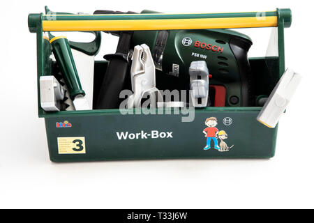 Spielzeug Werkzeug, Kunststoff, verschiedene Werkzeuge für Kinder, Toolbox, Stockfoto