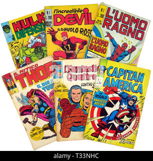 Italien - 1970-1973: Erste Ausgabe des Comics Marvel Bücher, Abdeckung von Hulk, Daredevil, Spider-Man, Thor, fantastischen 4, Captain America Stockfoto