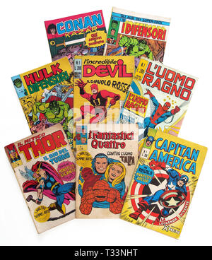 Italien - 1970-1975: Erste Ausgabe des Comics Marvel Bücher, Abdeckung von Hulk, Daredevil, Spider-Man, Thor, fantastischen 4, Captain America, Conan, Verteidiger Stockfoto