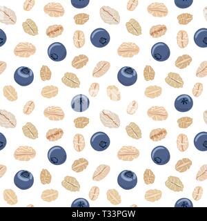 Nahtlose Muster mit Haferflocken und Heidelbeeren auf Weiß. Vektor nahtlose Muster, handgezeichnete Illustrationen. Haferflocken und Blueberry Hintergrund. Stock Vektor