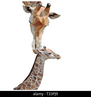 Realistische Low Poly Abbildung einer Mutter Giraffe mit Kind Stockfoto