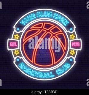 Basketball Club neon Design oder Emblem. Vector Illustration. Konzept für T-Shirt, Druck, Stempel oder T-Stück. Vintage Typografie Design mit Basketballkorb und Stock Vektor