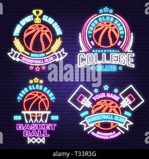 Satz von Basketball Club neon Design oder Emblem. Vektor. Grafik Design für t-shirt, T-Stück, Drucken oder Bekleidung. Vintage Typografie Design mit Basketball hoo Stock Vektor