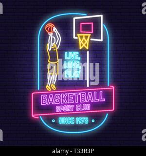 Basketball Club neon Design oder Emblem. Vektor. Konzept für T-Shirt, Druck, Stempel oder T-Stück. Vintage Typografie Design mit Basketballspieler und Basketball Stock Vektor