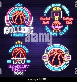 Satz von Basketball Club neon Design oder Emblem. Vektor. Grafik Design für t-shirt, T-Stück, Drucken oder Bekleidung. Vintage Typografie Design mit Basketball hoo Stock Vektor