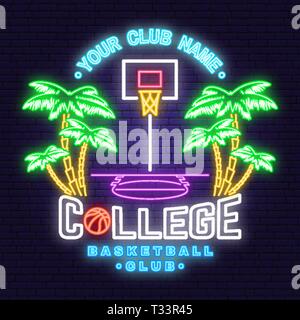 College Basketball Club neon Design oder Emblem. Vektor. Konzept für T-Shirt, Druck, Stempel oder T-Stück. Vintage Typografie Design mit Palm, Basketballkorb ein Stock Vektor