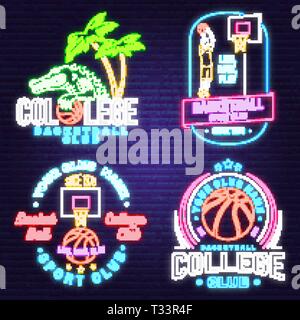 Satz von Basketball Club neon Design oder Emblem. Vektor. Grafik Design für t-shirt, T-Stück, Drucken oder Bekleidung. Vintage Typografie Design mit Basketball hoo Stock Vektor