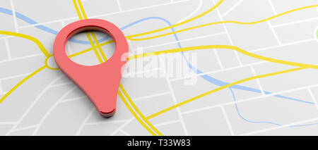 GPS, Navigation Konzept. Zeigerposition, rote Farbe, auf Karte Hintergrund, Banner, kopieren. 3D-Darstellung Stockfoto