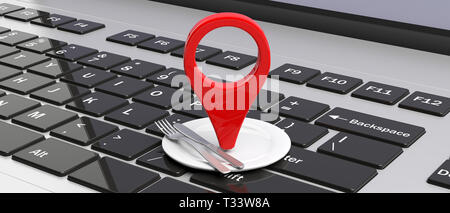 Restaurant online Lieferung, Fast food Konzept. Red Ortszeiger und Tabelle Einstellung auf dem Computer Tastatur, Banner. 3D-Darstellung Stockfoto