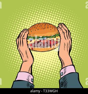 Hände halten einen Burger. Fast Food Restaurant. Pop Art retro Vektor Illustration vintage Kitsch 50s 60s Stock Vektor