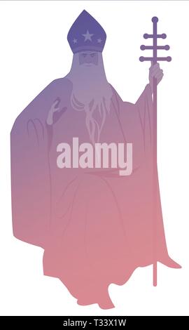 Silhouette von Papst mit Bart und Hut mit Sternen, mit einem Bischofsstab, Segen, mit seiner rechten Hand, auf weißem Hintergrund Stock Vektor
