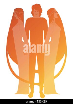 Silhouetten der junge Mann hält zwei Frauen durch die Hand auf weißem Hintergrund Stock Vektor