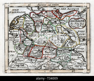 Antike Karte von Deutschland, Holland, Österreich und Ungarn in Europa von Pierre Duval, in Paris veröffentlicht, 1682 Stockfoto