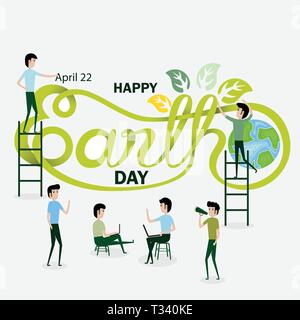 Geschäftsleute Comicfigur & Grün happy Earth Day typografischen Gestaltungselemente. Happy Earth Day hand Schriftzug Symbol. Happy Earth Day Schriftzug s Stock Vektor
