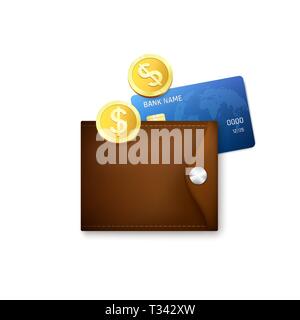 Leder braun Geldbörse mit Kreditkarten und Goldmünzen. Vector Illustration auf weißem Hintergrund Stock Vektor