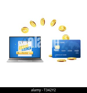 Cashback Konzept. Goldene Münzen zurück zu Kreditkarte nach Kaufen online. Online Shopping mit Cashback. Vector Illustration Stock Vektor