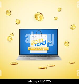 Laptop mit Cashback Banner auf dem Bildschirm und die Schaltfläche Jetzt Kaufen und das Image der Warenkorb. Der goldene Münzen auf gelben Hintergrund. Vector Illustration Stock Vektor