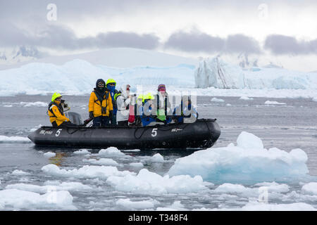 Zodiacs aus der Antarktis Kreuzfahrt Schiff Touristen nehmen um Eisberge aus Anvers Island, in der Palmer Archipel, Antarktis. Stockfoto