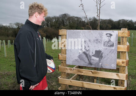 Der Rugby Football Union pflanzt einen Wald zu Ehren derer, die lebte und im Ersten Weltkrieg diente. Besonders hervorzuheben war Lieutenant-Commander Arthur Leyland Harrison, war ein englischer Offizier der Royal Navy und der Erste Weltkrieg Empfänger der Victoria Cross - er spielte Rugby Union und wurde zweimal für England bedeckte und ist die einzige England international die VC verliehen wurde. Er wurde in der Tätigkeit in Zeebrugge, Belgien Am 23. April 1918, im Alter von 32 tötete. Pflanzung des Baumes waren Jeff Blackett, Vizepräsident der Rugby Football Union und sein Sohn Commander wird Blackett, wie wir Stockfoto