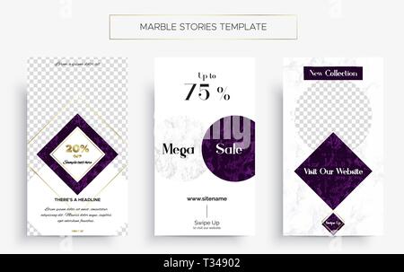 Satz von Marmor Geschichten Vorlage. Drei Banner. Stock Vektor