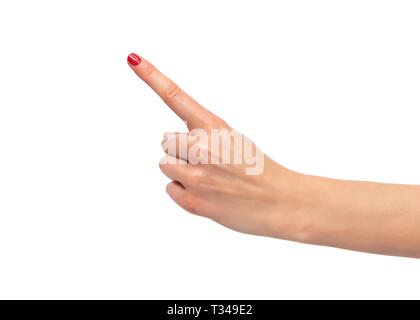 Weibliche Finger zeigen auf weißem Hintergrund Stockfoto