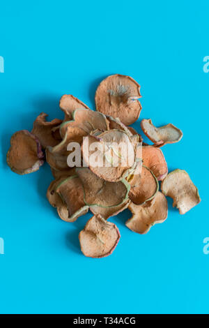 Getrocknete äpfel Slice in einem Haufen auf blauem Hintergrund, Zutaten für türkische Apfeltee, Hautnah. Hausgemachte sonnengetrockneten Bio Apfelscheiben. vertikale Foto. Stockfoto