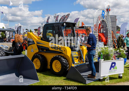 Menschen & Landmaschinen Messestand Anzeige (Mann stand auf Eimer gelb Gehl Kompaktlader) - Große Yorkshire zeigen, Harrogate, England, Großbritannien Stockfoto
