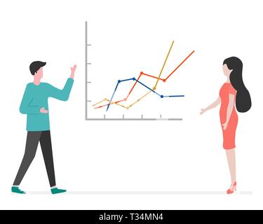 Vector Illustration mit Menschen in business meeting. Menschen diskutieren und Entscheidungen Hintergrund machen. Präsentation, Partnerschaft. Brainstorming anhand von quantitativen Simulatio Stock Vektor