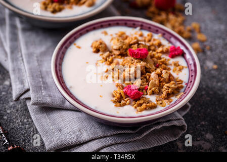 Müsli mit Joghurt und getrocknete Himbeeren Stockfoto