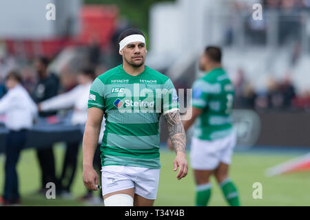 London, Großbritannien. 06 Apr, 2019. Josh Matavesi von Newcastle Falcons sah während Gallagher Premiership Übereinstimmung zwischen Sarazenen und Newcastle Falcons bei Allianz Park am Samstag, 06. April 2019. London England. (Nur redaktionelle Nutzung, eine Lizenz für die gewerbliche Nutzung erforderlich. Keine Verwendung in Wetten, Spiele oder einer einzelnen Verein/Liga/player Publikationen.) Credit: Taka G Wu/Alamy leben Nachrichten Stockfoto