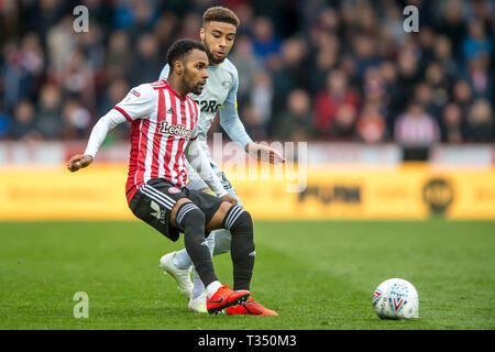London, Großbritannien. 06 Apr, 2019. Rico Heinrich von Brentford während der efl Sky Bet Championship Match zwischen Brentford und Derby County bei Griffin Park, London, England am 6. April 2019. Foto von salvio Calabrese. Nur die redaktionelle Nutzung, eine Lizenz für die gewerbliche Nutzung erforderlich. Keine Verwendung in Wetten, Spiele oder einer einzelnen Verein/Liga/player Publikationen. Credit: UK Sport Pics Ltd/Alamy leben Nachrichten Stockfoto