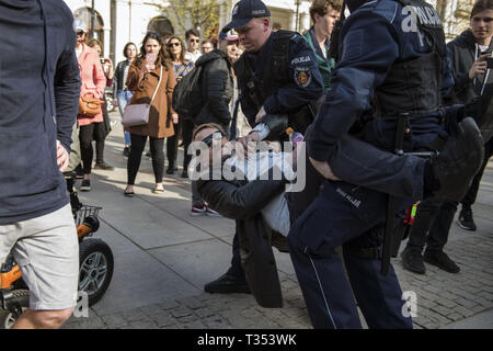 Warszawa, Mazowieckie, Polen. 6 Apr, 2019. Universitäten ein Aktivist, gesehen von der Straße weg von der Polizei mit Gewalt während des Protestes genommen wird.'' frei von Marxismus'' ein Protest gegen die Warschauer Universität ihre Opposition gegen die Aktivität von linksextremisten und andere Fälle von links Express-wing Indoktrination von polnischen Studenten. An der gleichen Stelle, Studenten, Linke und antifaschistische Aktivistinnen versammelten sich unter dem Motto "Hier lernen wir, nicht heil''. Beide Gruppen wurden von einem großen Polizei cordon getrennt. Credit: Attila Husejnow/SOPA Images/ZUMA Draht/Alamy leben Nachrichten Stockfoto