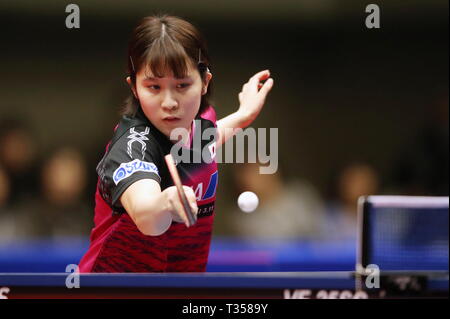 Miu Hirano (JPN), 6. APRIL 2019 - Tischtennis: 32 LION ITTF-attu Cup Yokohama 2019 Damen Einzel Viertelfinale an der Yokohama kulturellen Gymnasium, Kanagawa, Japan. (Foto von Sho Tamura/LBA SPORT) Stockfoto