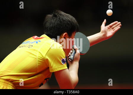 Tomokazu Harimoto (JPN), 6. APRIL 2019 - Tischtennis: 32 LION ITTF-attu Cup Yokohama 2019 Herren Einzel Halbfinale von Yokohama kulturellen Gymnasium, Kanagawa, Japan. (Foto von Sho Tamura/LBA SPORT) Stockfoto