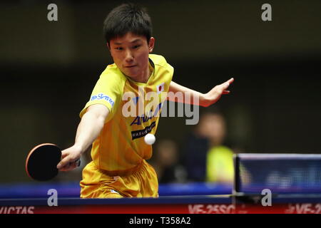 Tomokazu Harimoto (JPN), 6. APRIL 2019 - Tischtennis: 32 LION ITTF-attu Cup Yokohama 2019 Herren Einzel Halbfinale von Yokohama kulturellen Gymnasium, Kanagawa, Japan. (Foto von Sho Tamura/LBA SPORT) Stockfoto