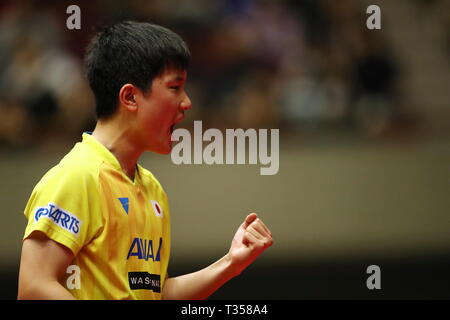 Tomokazu Harimoto (JPN), 6. APRIL 2019 - Tischtennis: 32 LION ITTF-attu Cup Yokohama 2019 Herren Einzel Halbfinale von Yokohama kulturellen Gymnasium, Kanagawa, Japan. (Foto von Sho Tamura/LBA SPORT) Stockfoto